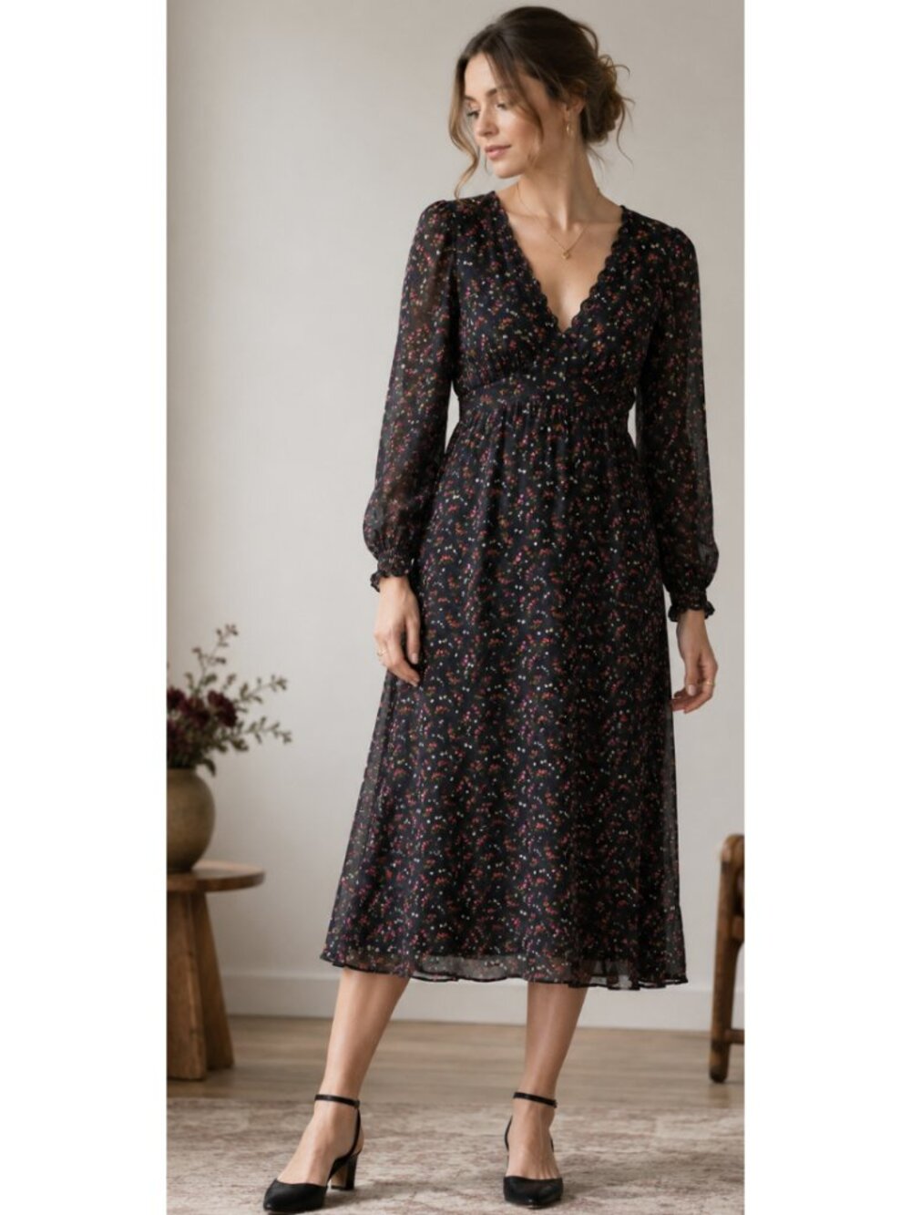 GAP Empire Midi Dress Ditsy Floral Small Dark Romantic Boho Whimsigoth Fairy